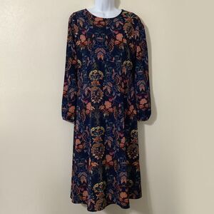 I. Madeline Garden Splendor Navy Blue Floral Midi Dress Large Colorful Party